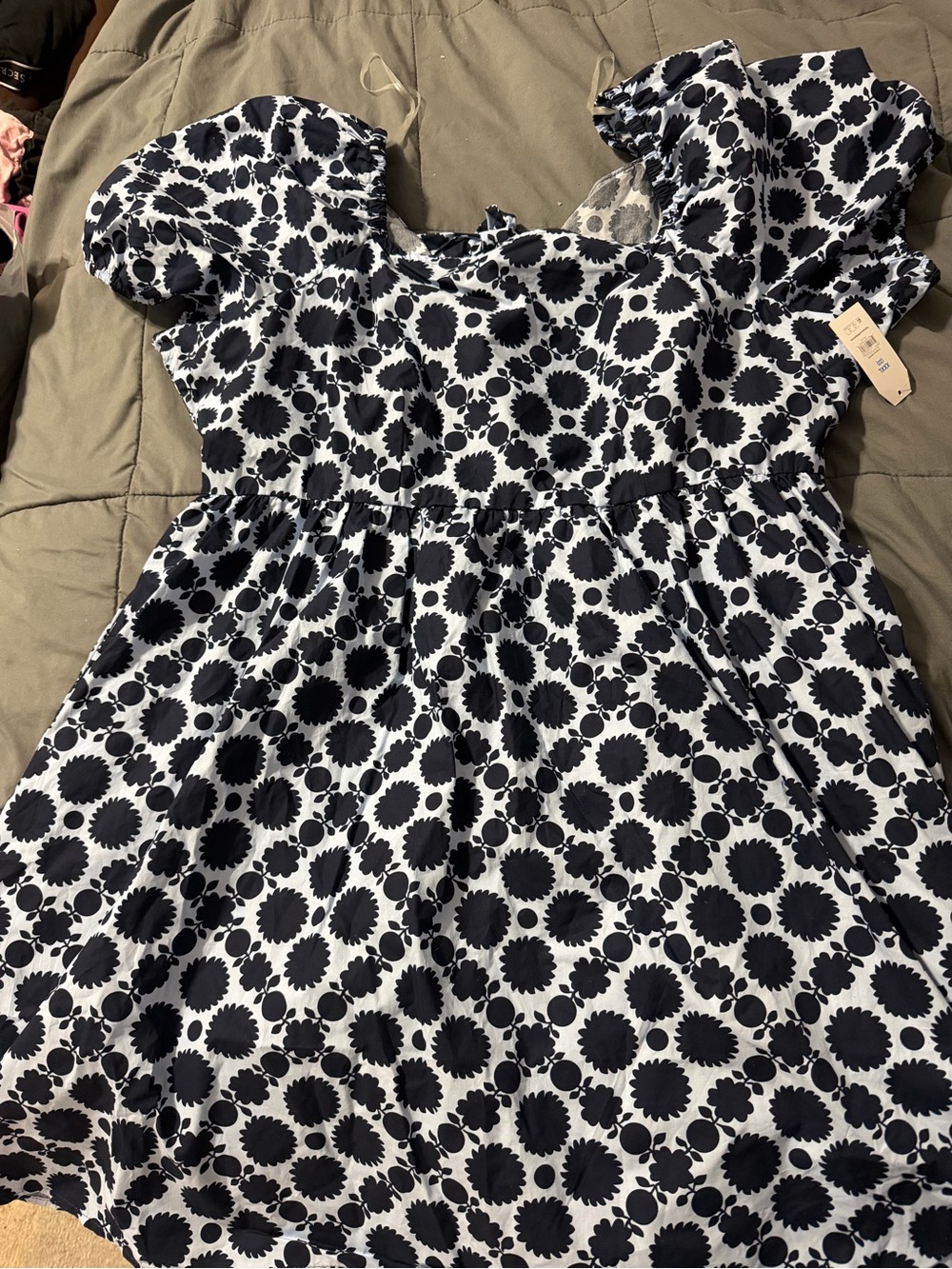 Light blue & navy Floral Puff-Sleeve Dress